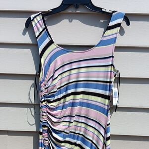 SPENSE Women's Pastel Striped Sleeveless Ruching  Dress with Side Slit  - Small